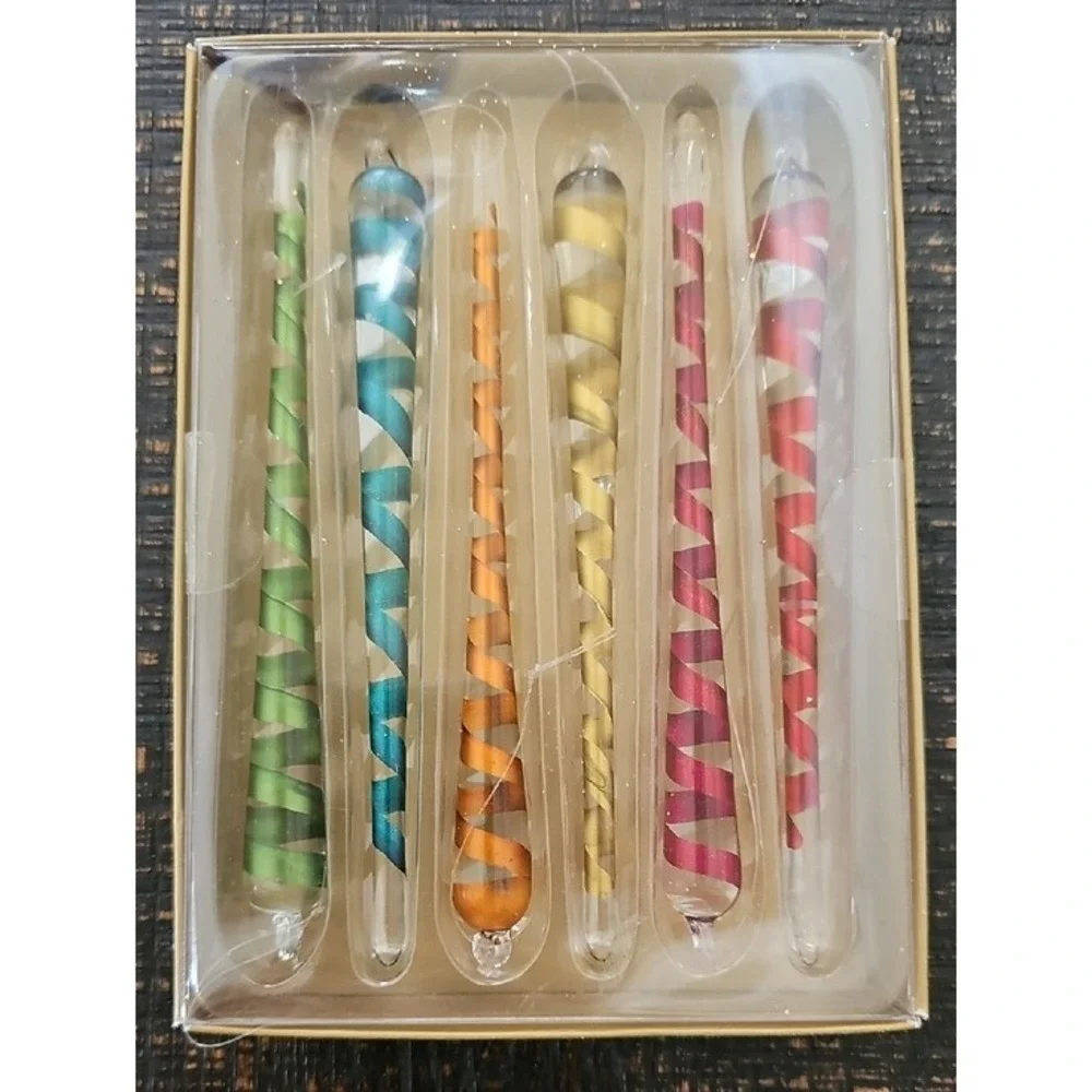Pier 1 Imports Glass Icicle Ornaments Set of 6 Multicolor Spiral Holiday Decor